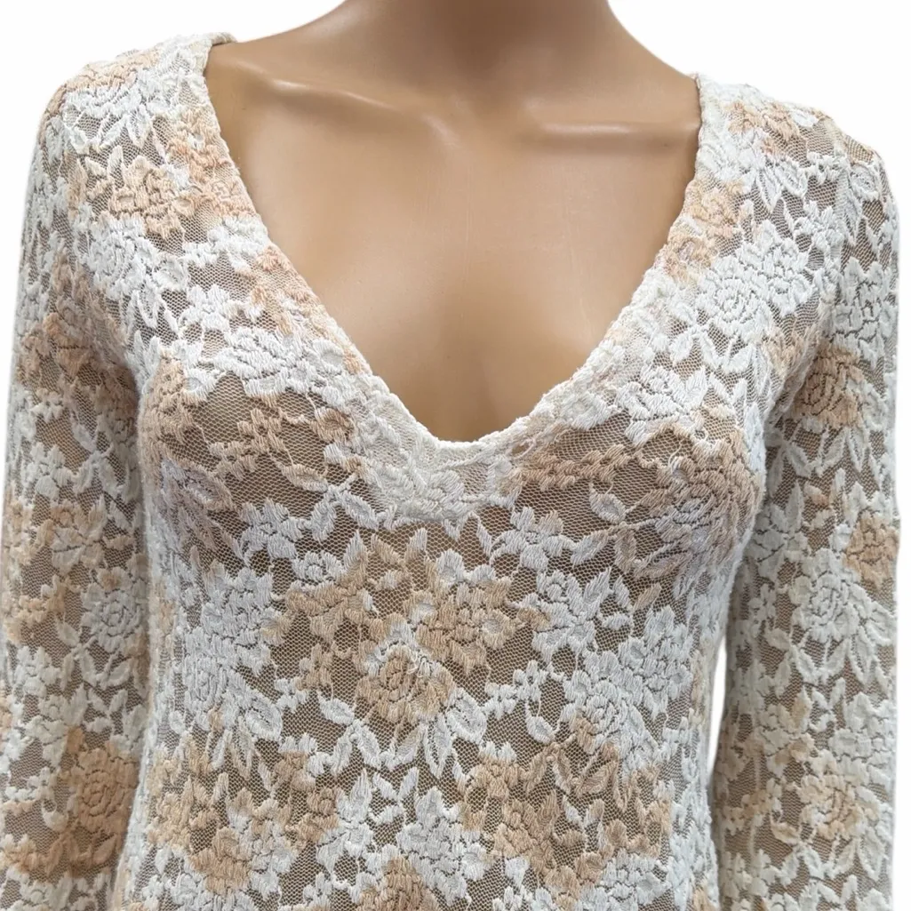 T Party Floral Lace Sheer Long Sleeve Tunic Top Womens Small - Image 5