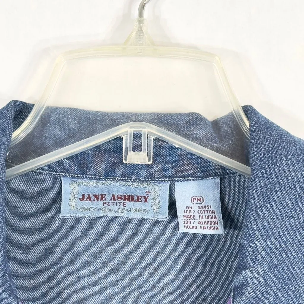 Jane Ashley Medium Petite Top Shacket Beaded Denim Blue Embroidered‎ Button 1480 - Image 8
