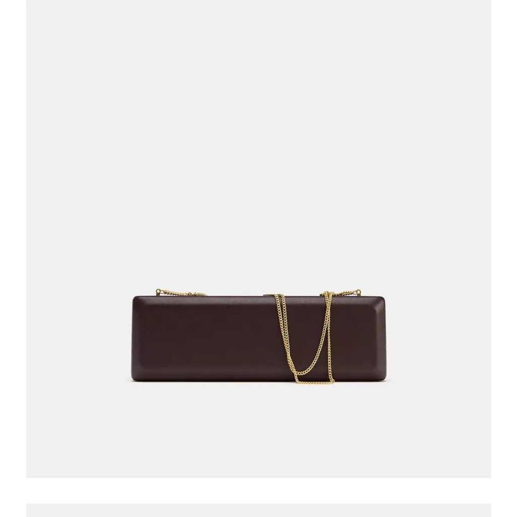 Zara NWT brown faux leather elongated extended rectangle clutch bag gold chain - Image 3