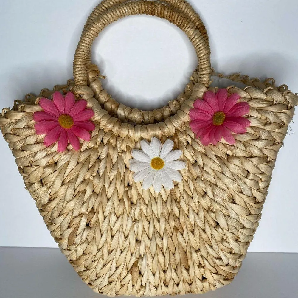 Straw bag w Pink White Flowers Tan - Image 3