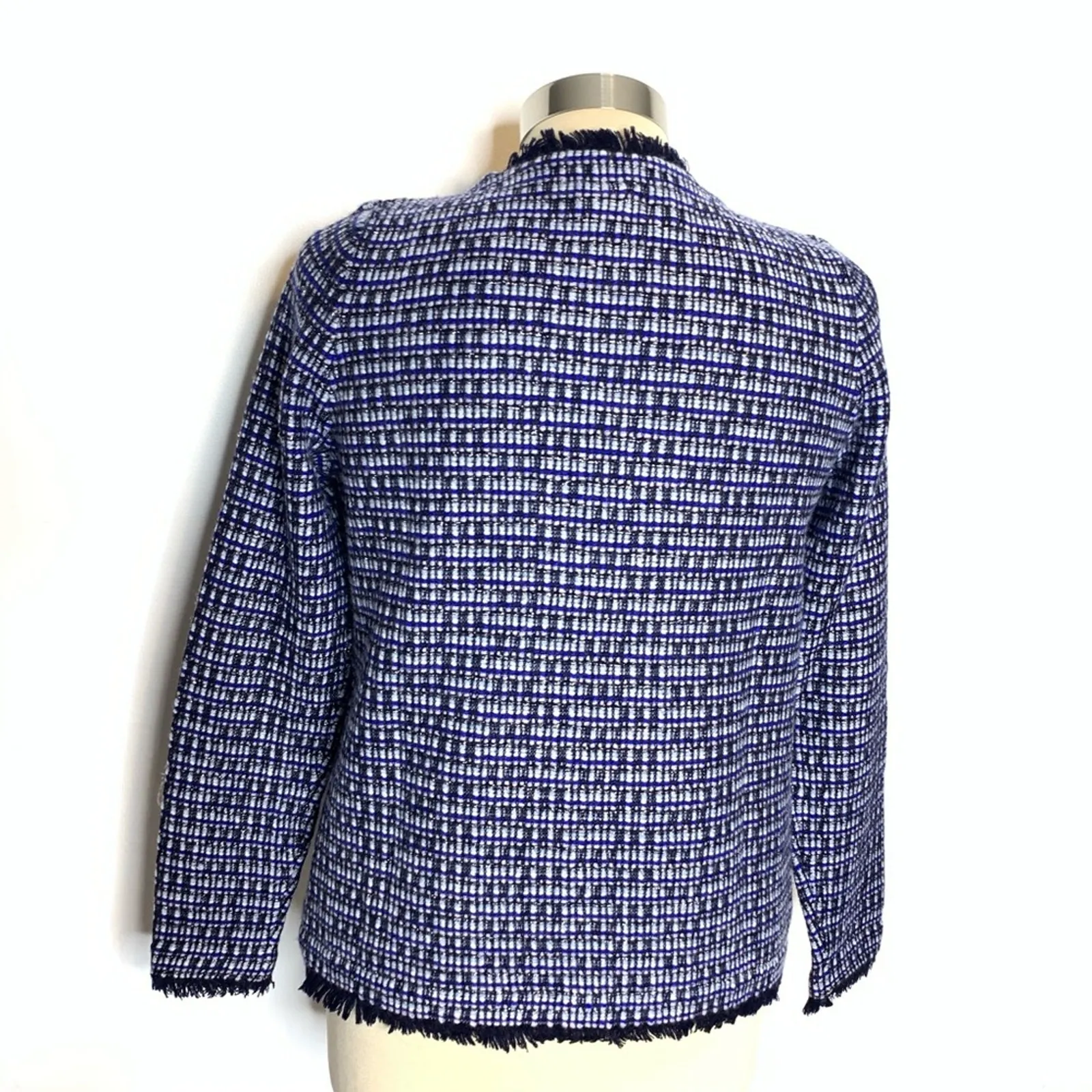J. Crew knit metallic tweed fringe jacket blue white Sz S - Image 5