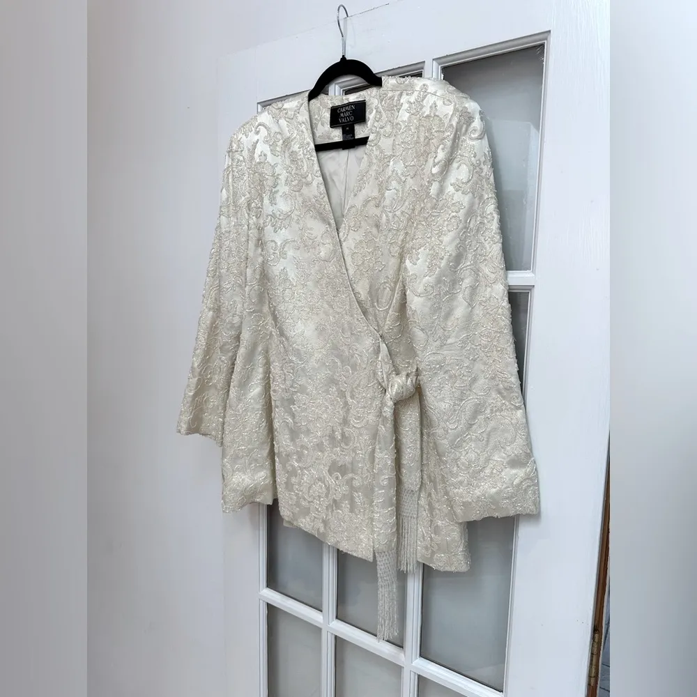 Vintage Carmen Marc Valvo Ivory Cream Lace Sequin Beaded Formal Jacket Size 14 L - Image 5