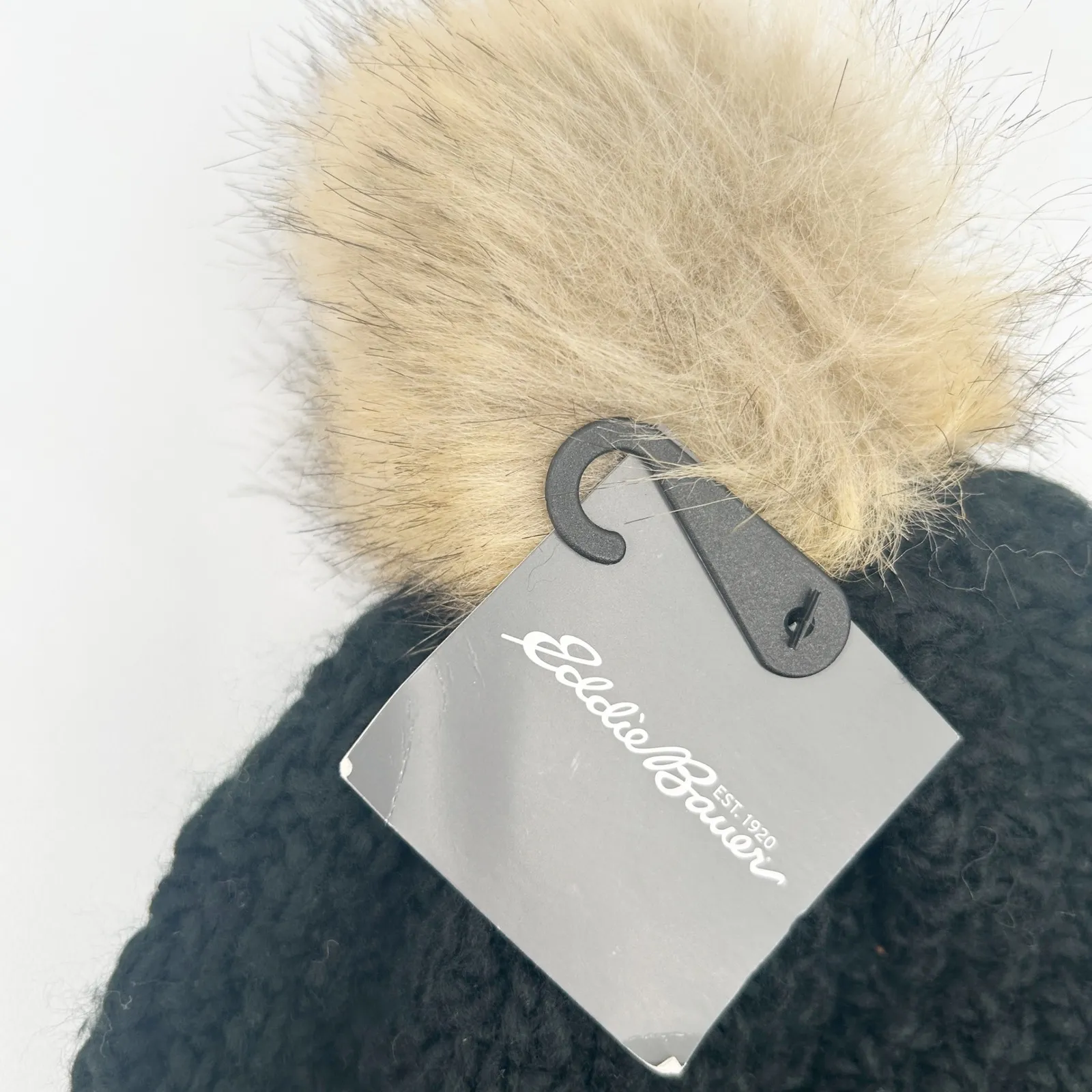 NWT Eddie Bauer Womens Cabin Faux Fur Pom‎ Pom Beanie Black Knit Winter Hat - Image 2