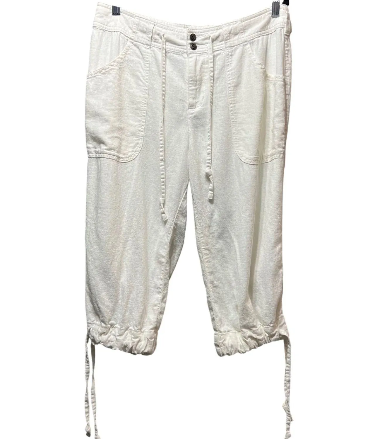 Cabela's Linen Blend Capri Pants Size 10 Drawstring Waist White Loose Wide Leg - Image 1