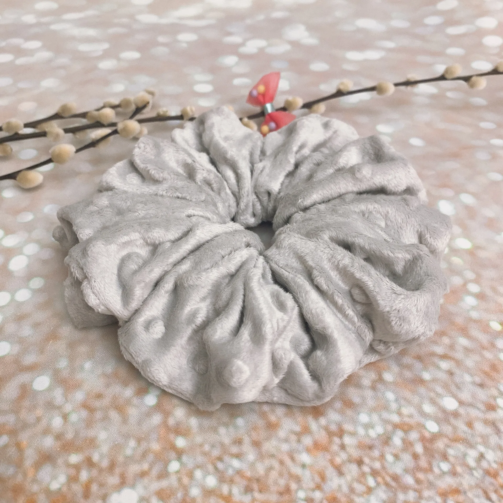 Jumbo Scrunchie Soft Gray Minky Dimple Dots Scrunchie - Image 3