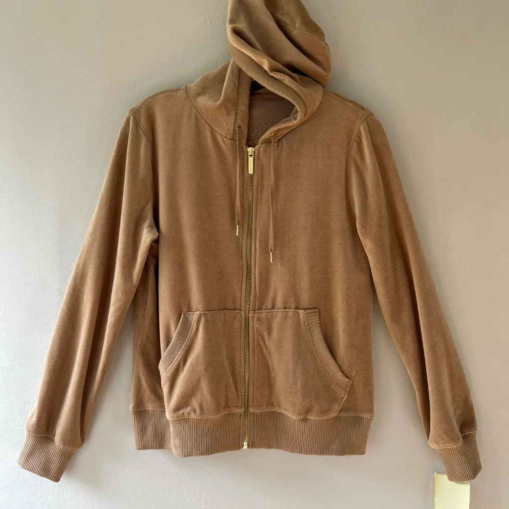Michael Kors Sz M Tan Velour Full Zip Hoodie Jacket Sweater Pockets - Image 12