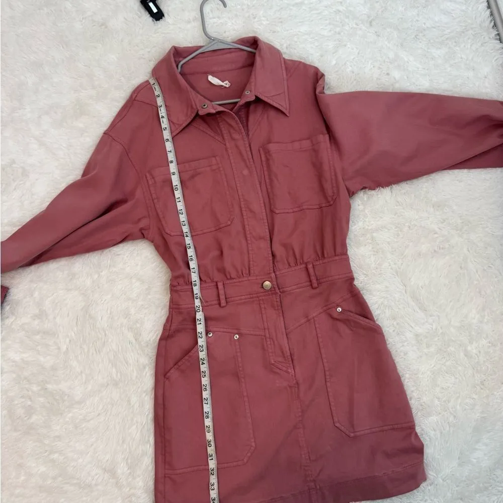 Avec Les Filles Pink Coverall Denim 3/4 Snap Front Patch Pocket Dress Size S - Image 12
