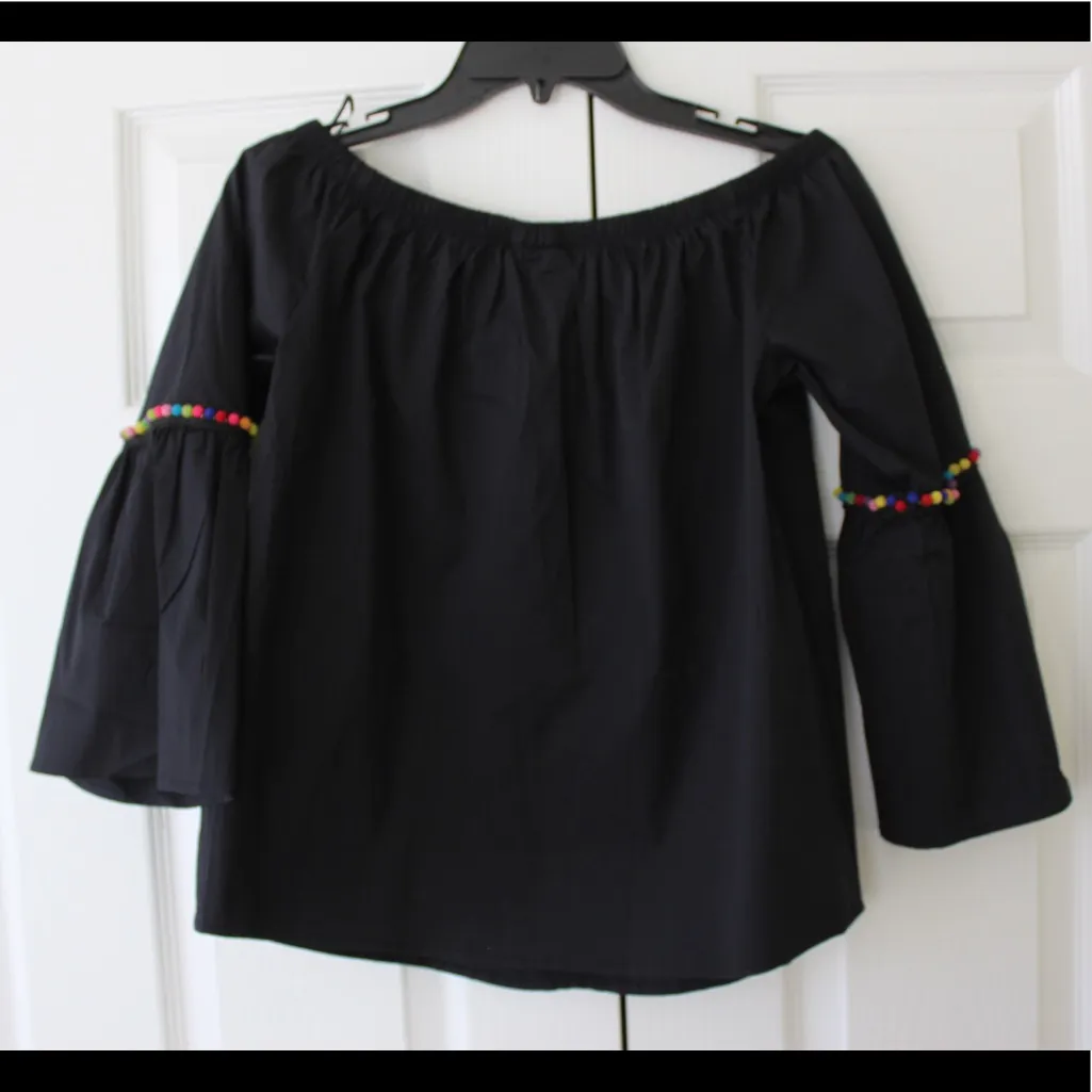 Bobeau black off the shoulder top with colorful pom poms - Image 4