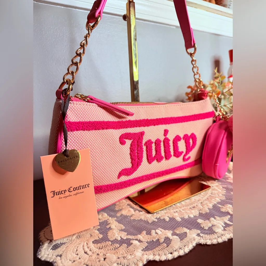 Juicy Couture Pink Chenille Logo Baguette Shoulder Bag w Coin Pouch NWT - Image 7