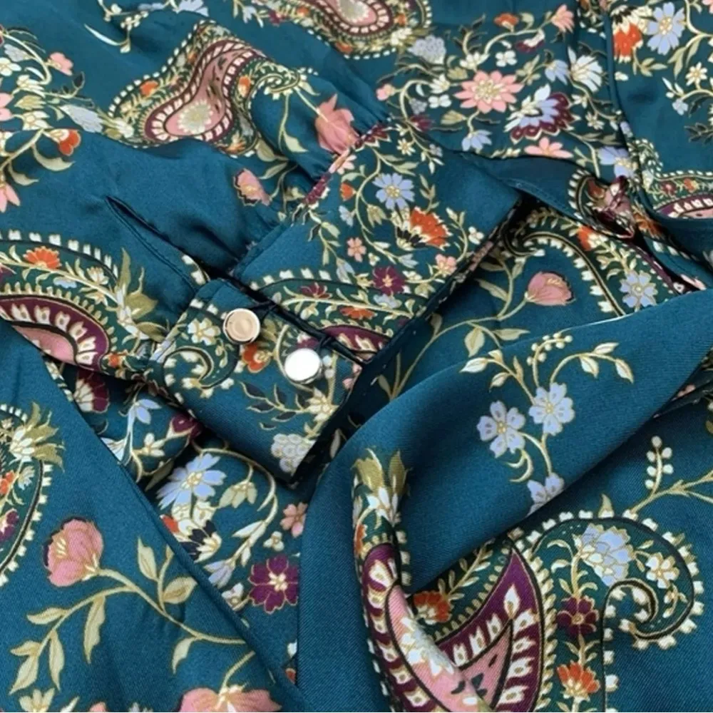 Long Sleeve Tie Neck Printed Chiffon Dress. Green paisley print - Image 3