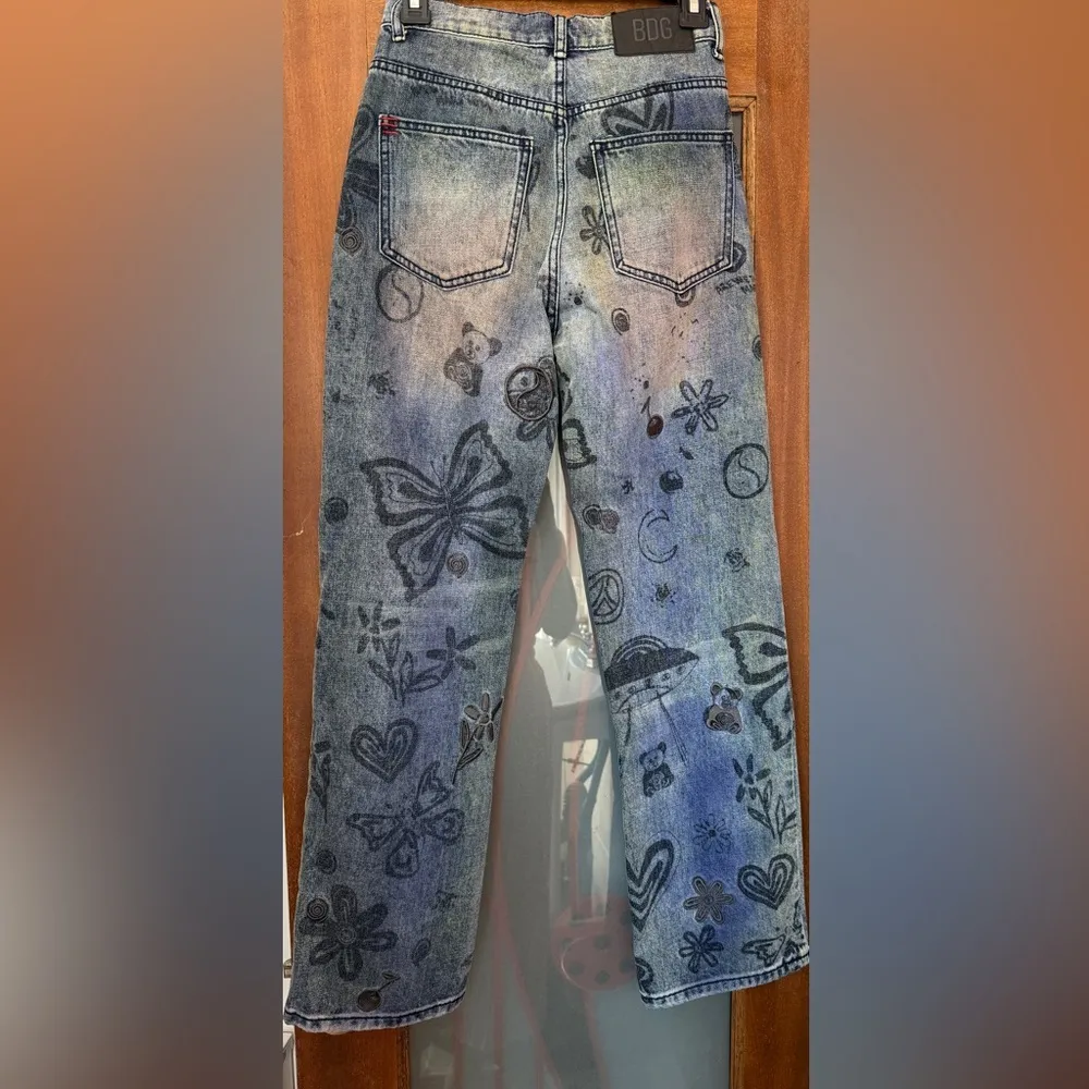 BDG Cowboy Jeans Hi Rise Grey Embroidered Thread Graffiti Doodle Straight Leg-25 - Image 11