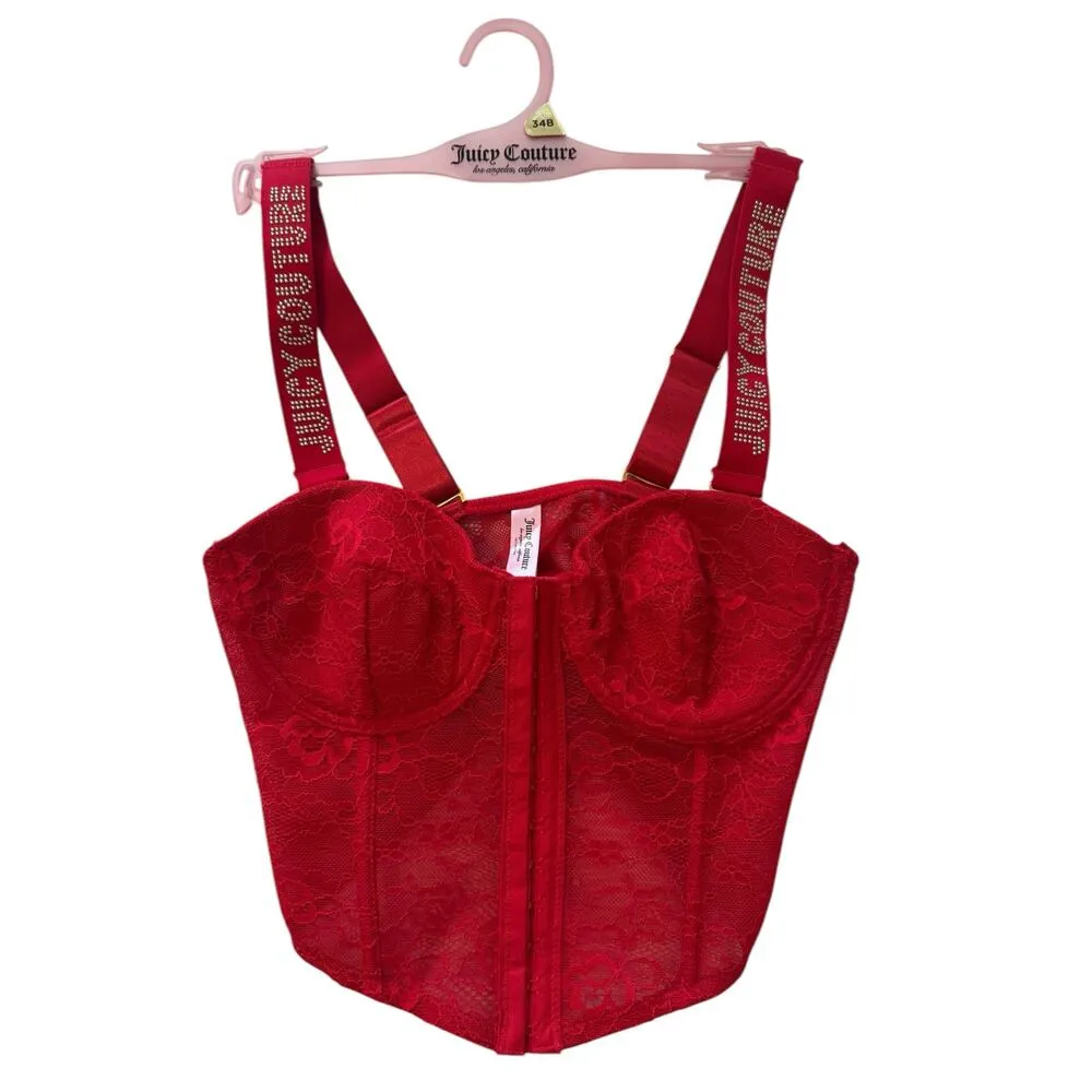 Juicy Couture Red Lace Corset Top 34B Rhinestone Logo Straps Y2K Bustier NEW - Image 3