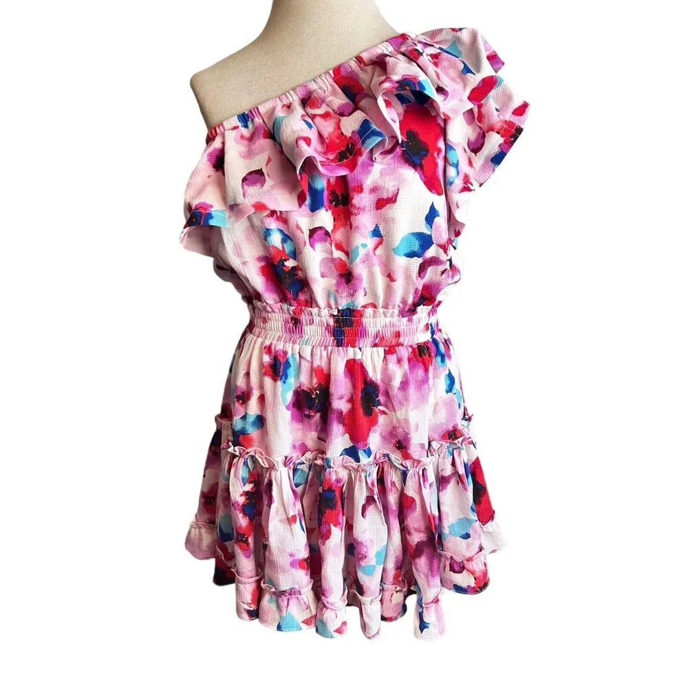 Buddy Love Sophia One Shoulder Dress Pink Floral Size Medium Mini Ruffle Tiered - Image 2