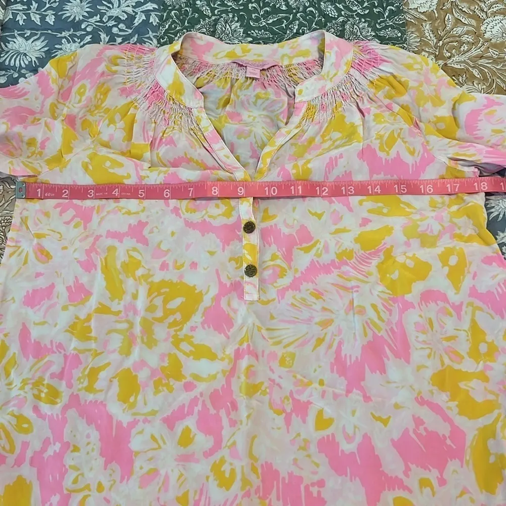 Lily Pulitzer Silk Elsa Floral Blouse Top Ooh La La Pink Yellow Size XS - Image 11