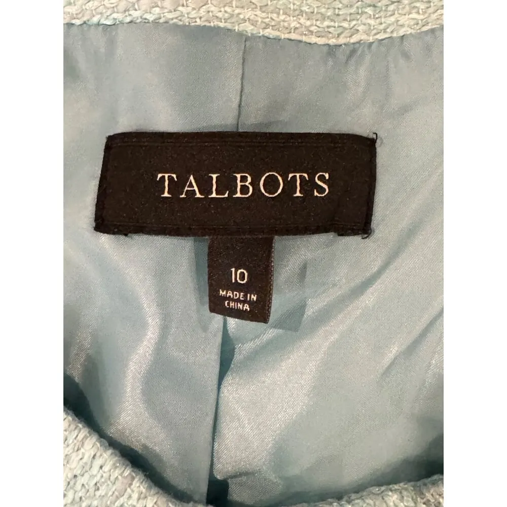Talbots Blue Shimmer Crew Neck Snap Button Front‎ Puff Sleeve Jacket Size 10 - Image 8