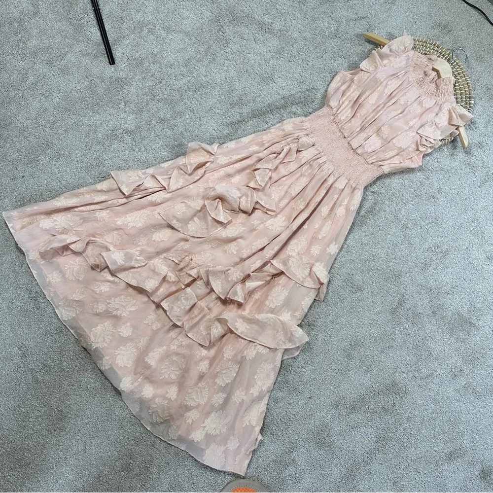 Rebecca Taylor Silk Blend High-Smocked Floral Fil Coupé Midi Dress Blush Pink 2 - Image 3