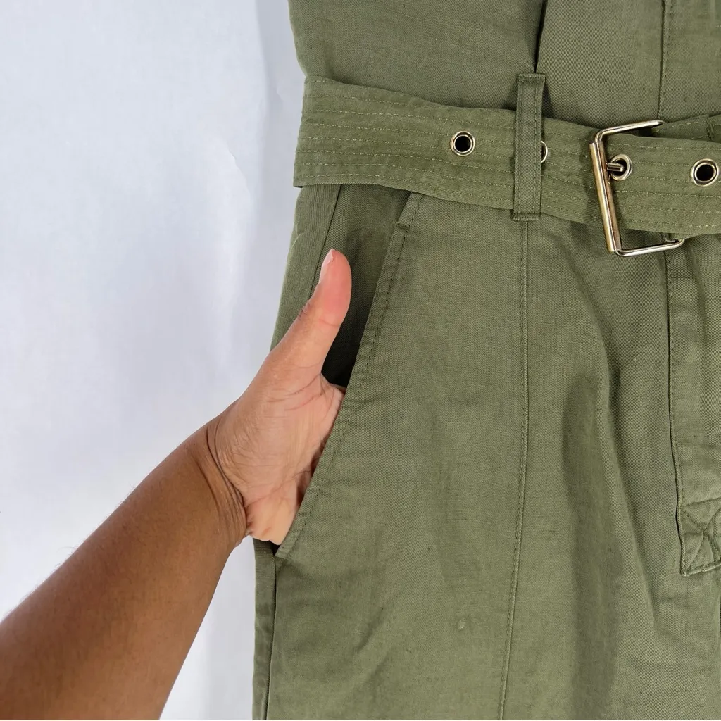 Zara Lightweight Olive Green High Rise Paper Bag Waist Belted Cargo Pants Size S - Image 3