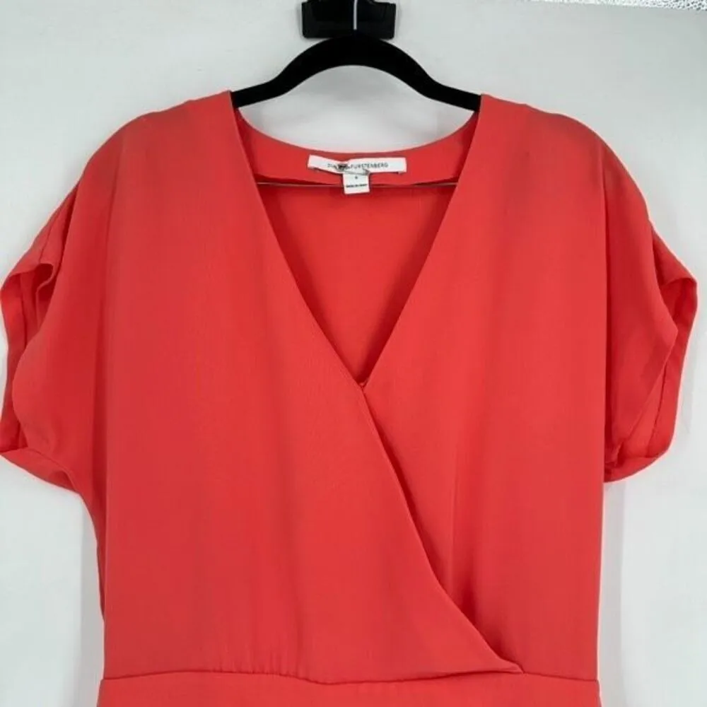 Diane von‎ Furstenberg Emerson Crepe Surplice Romper, Ocean Coral Size 6 - Image 7