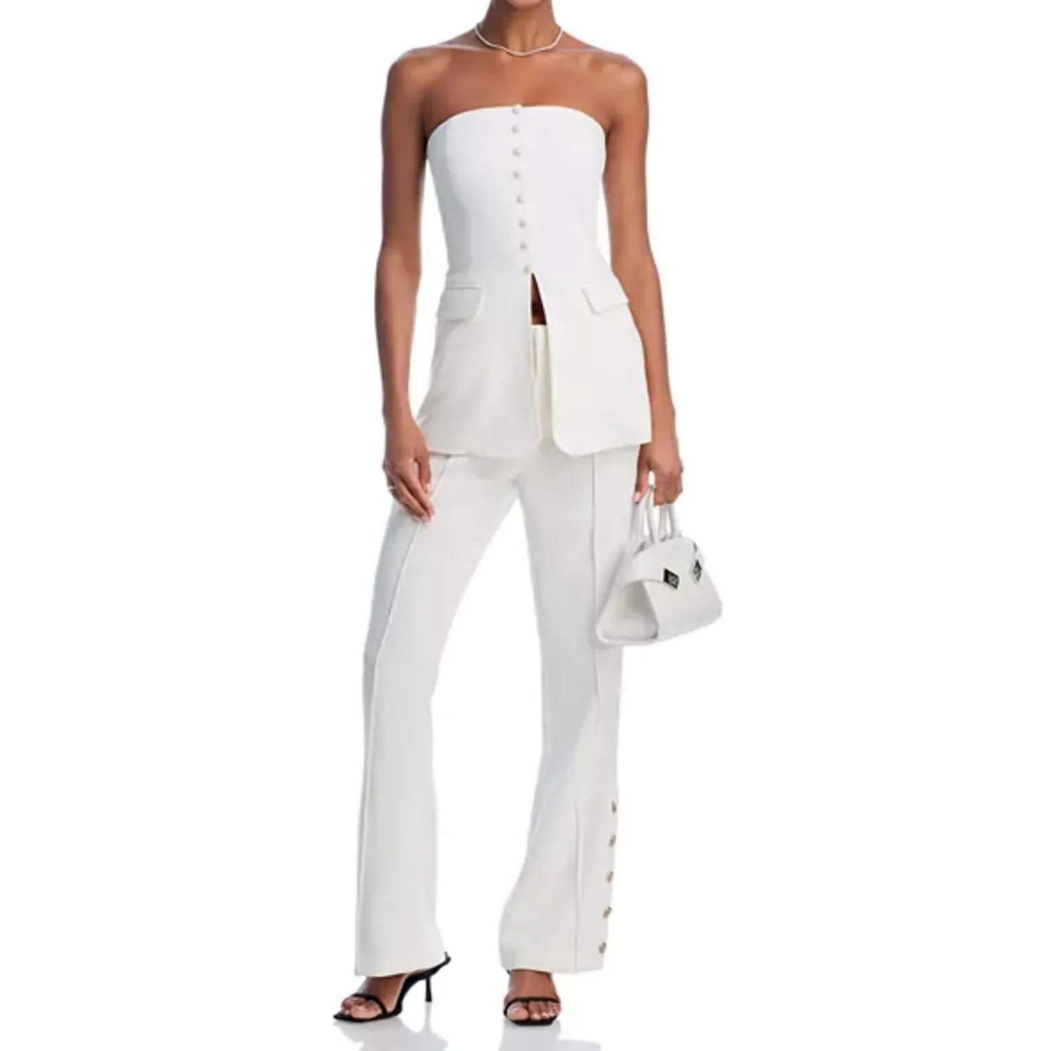 Aqua White Flare Leg Trousers Button Accents Career Pants Size‎ L - Image 3