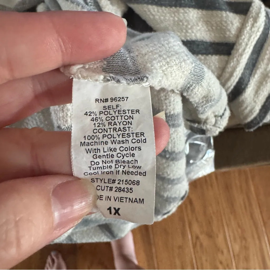 Perseption Stripe Button Sleeve Blouse Women’s 1X Cream Gray Casual Top Official - Image 5