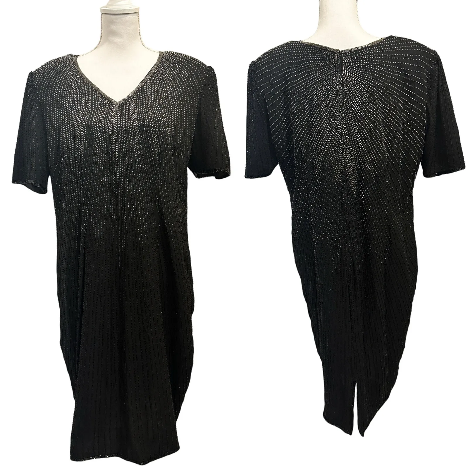 Vintage 80s Stenay Woman Black Silk Beaded Sequin Cocktail Shift Dress Art Deco Size 14 - Image 2
