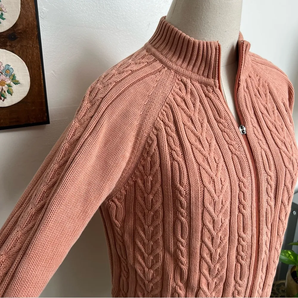 Peach Cotton Cable Knit Zip Up Cardigan Sweater - Image 4