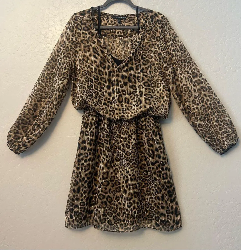 White House Black Market leopard animal print long sleeve blouson dress size 14 - Image 3