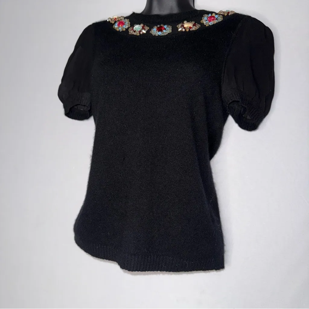 Whimsigoth Beaded‎ Silk Cashmere Black Knit Women's Top Mesh Puff Sleeves - Image 4