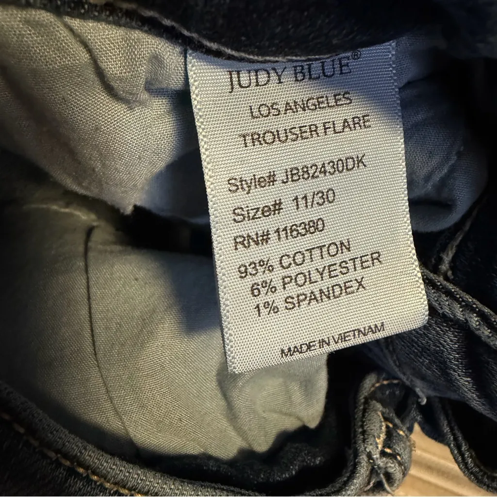 Judy Blue Trouser Flare jeans button fly distressed womens 11 / 30 Dark wash - Image 9