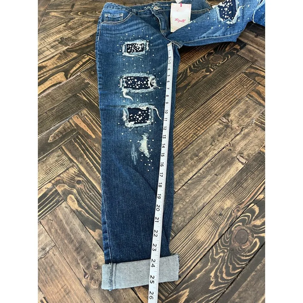 NWT Almost Famous Mid Rise Roll Up Jeans Women 9 Blue Denim Distressed Raw Hem - Image 7