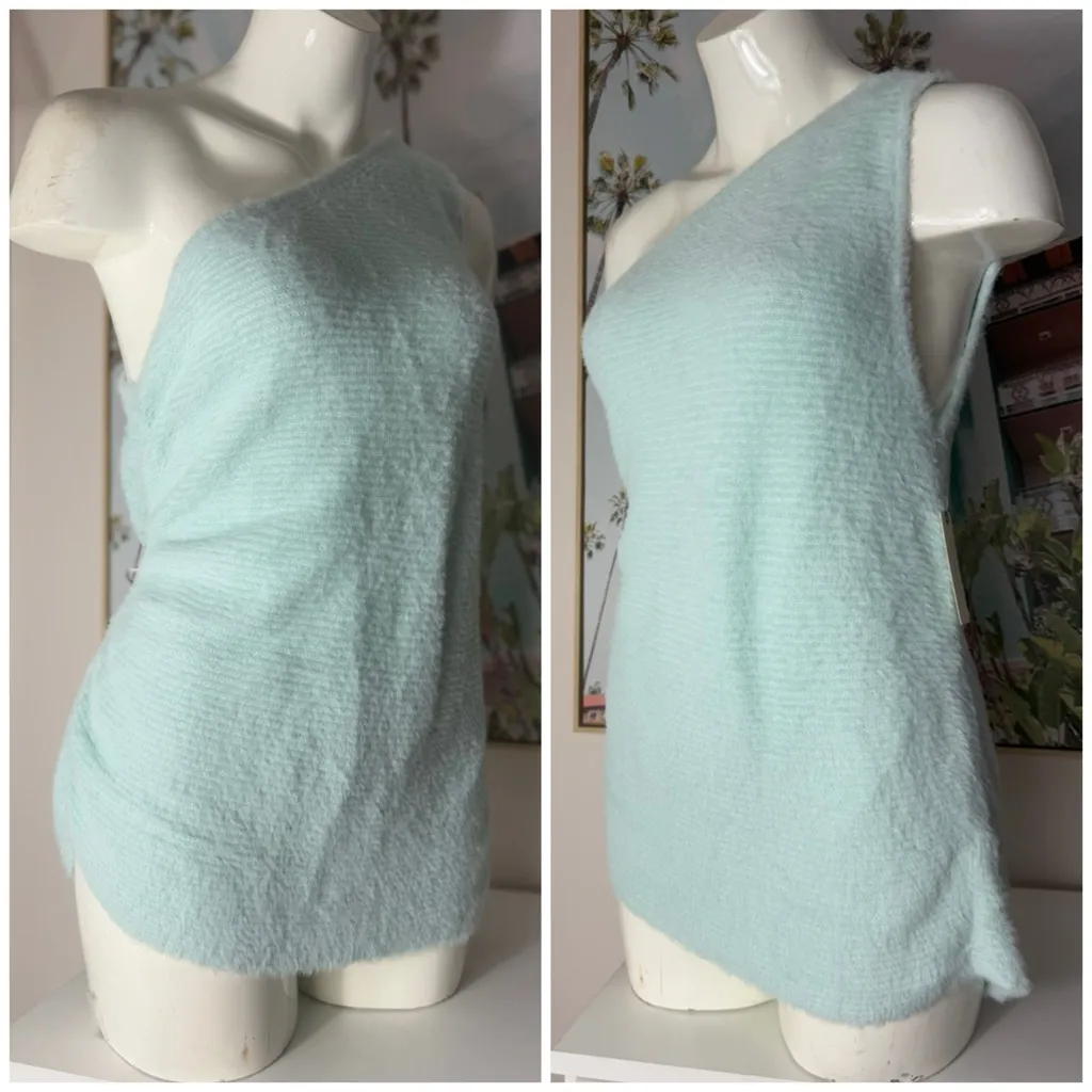 Anthropologie Mint Sky Blue One Shoulder Fuzzy Knit Sweater Top Asymmetrical 3X - Image 2