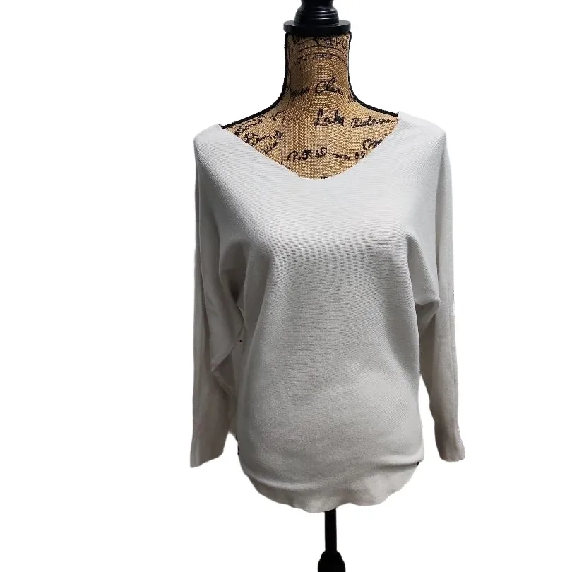 Womens Sweater Light Beige V Neck Relaxed Fit Curved Hem‎ Cozy Minimalist XL - Image 2