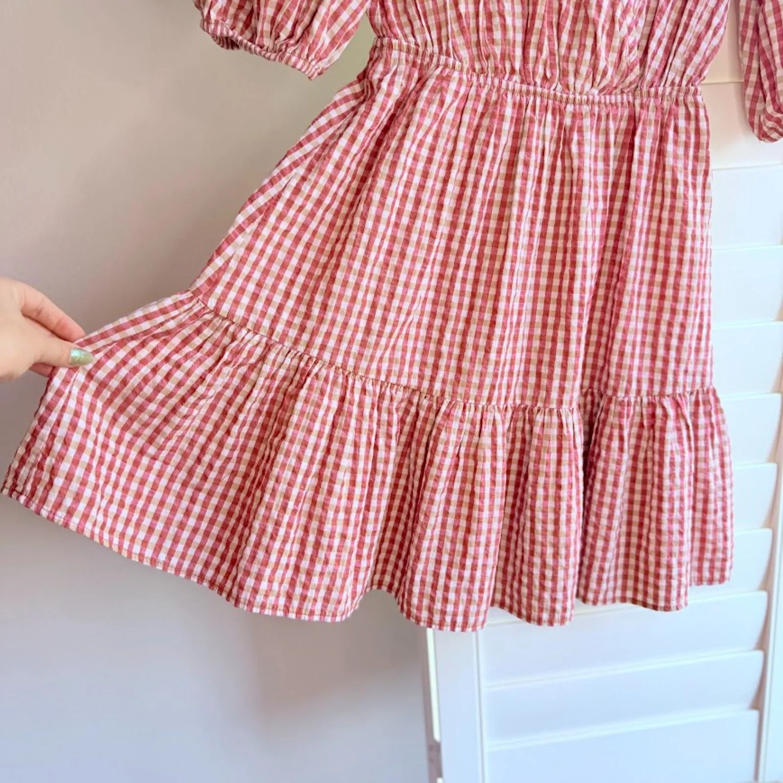 MANGO Vichy Red Gingham Mini Dress with Puff Sleeves & Tiered Skirt size XS - Image 3