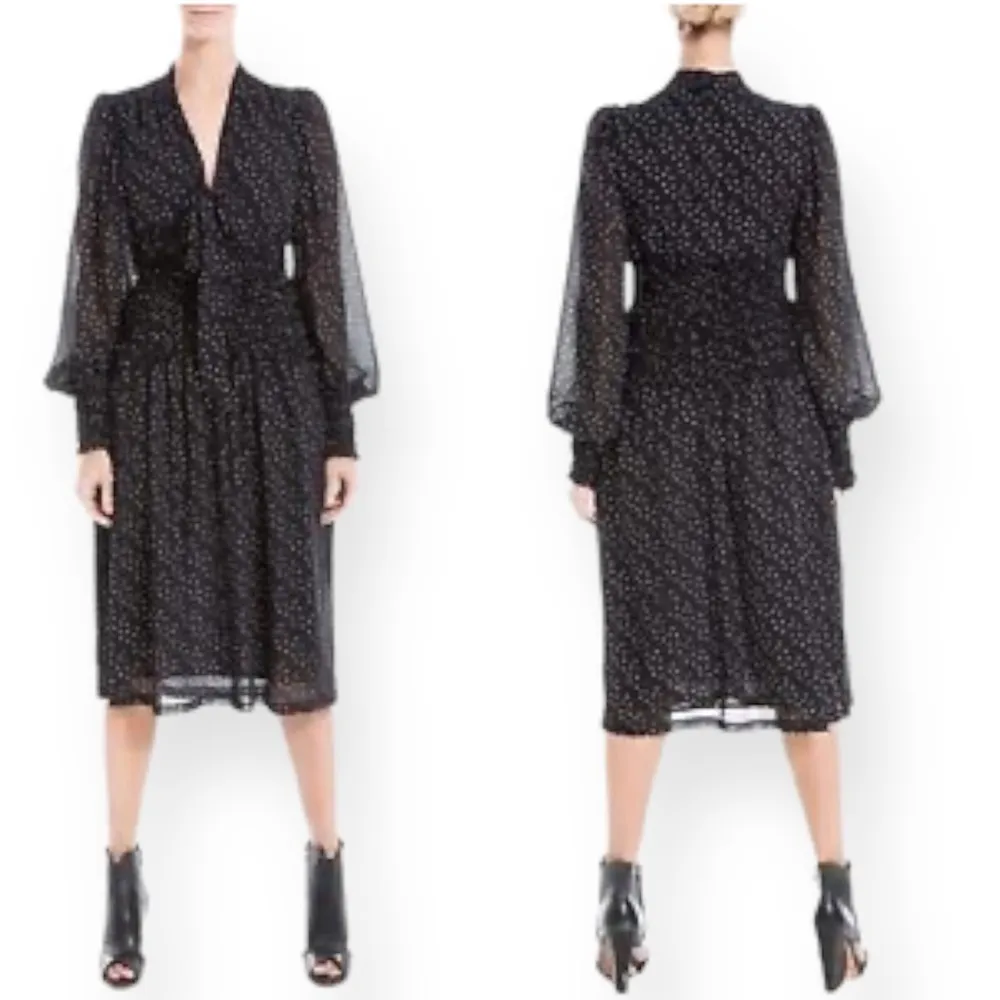 Smocked Waist Midi Dress Long Sleeves Black & White Size L New w/Tag - Image 2