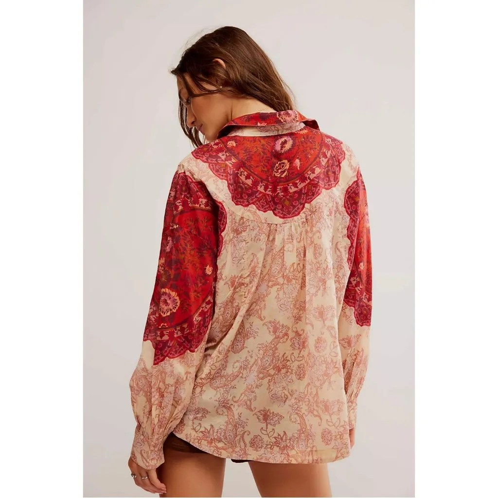 Free People Western Bohemian Dainty Rose Bud Button Down Oversized Blouse Medium - Image 7