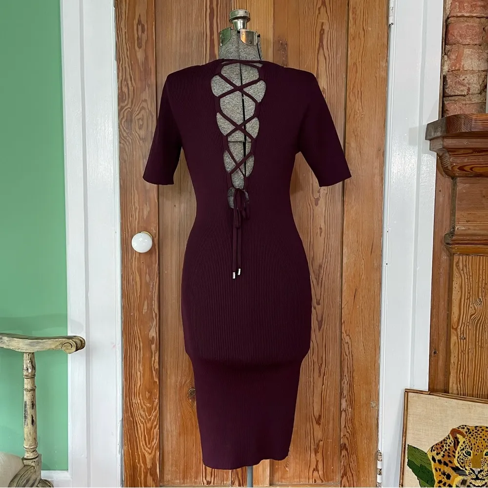 Karen Millen Lace Back Rib Knit Midi Dress in Burgundy ~ Size Large - Image 5