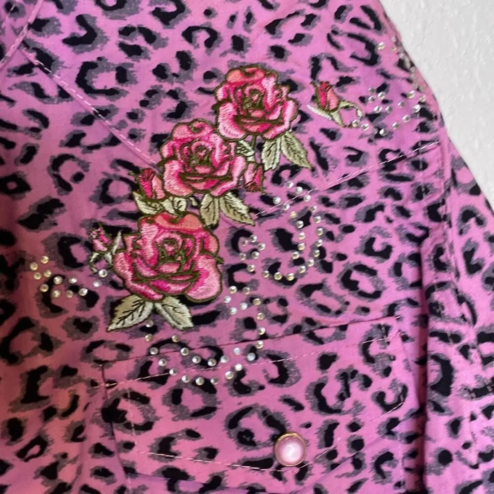 Cowgirl Hardware Animal Print Blk & Pink Embroidered Button Down Shirt EUC Sz M Size M - Image 3