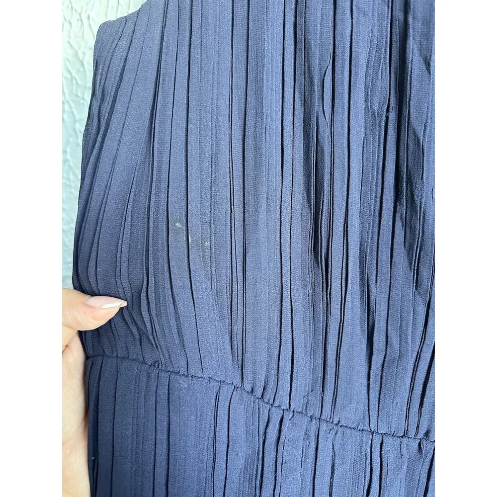 Theory Navy Blue Size 2 Silk Crinkle Pleated Sleeveless Cocktail Flowy Dress - Image 5