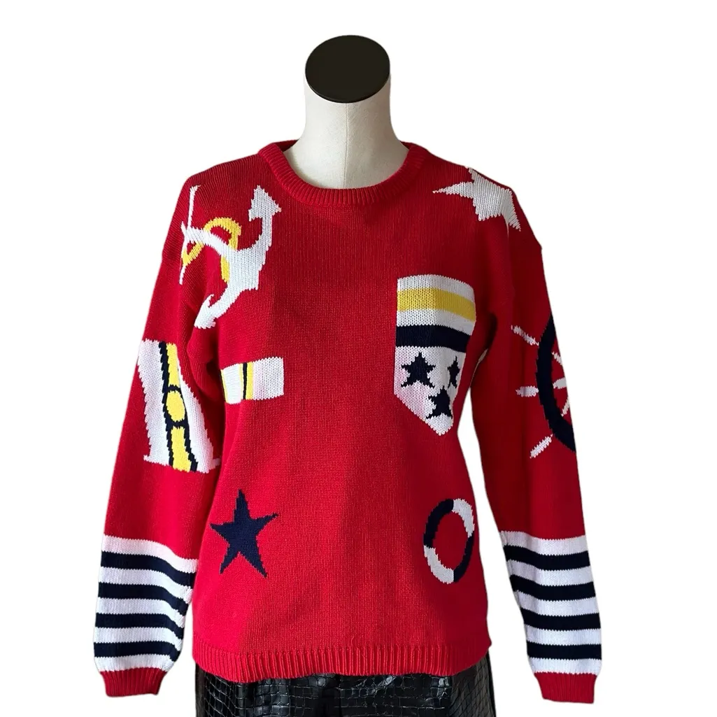 NWOT ANNE KLEIN BY SADIMARA STRIPED ABSTRACT PRINT NAUTICAL STAR PRINT Sweater - Image 2