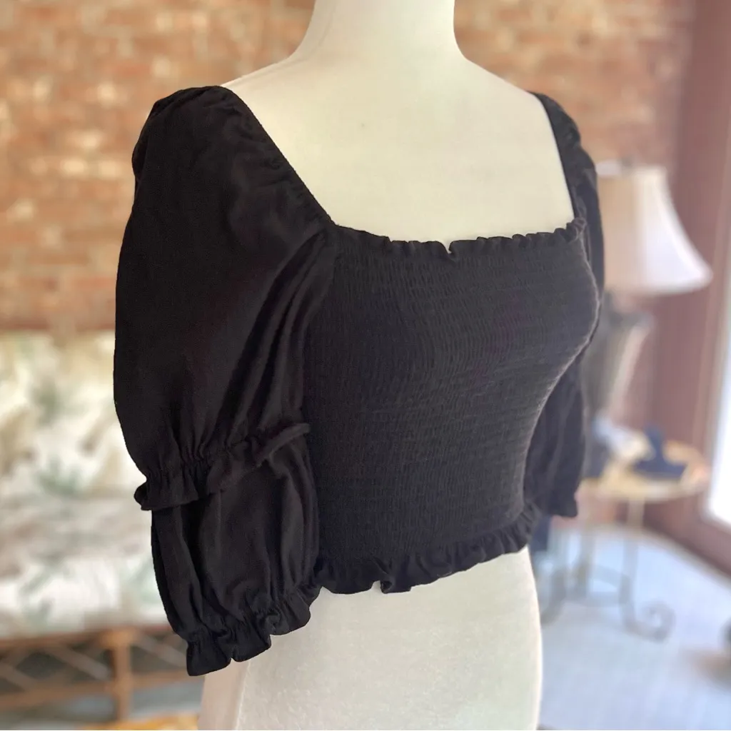 HYFVE Top Cropped Puff Sleeve Smocked Black S Trendy Romantic Feminine Chic - Image 10