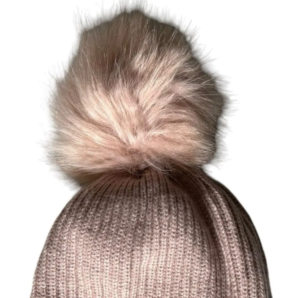 GUESS Faux Fur Pom Knit Beanie, Lined Winter Hat, OS, Pink NWOT - Image 3