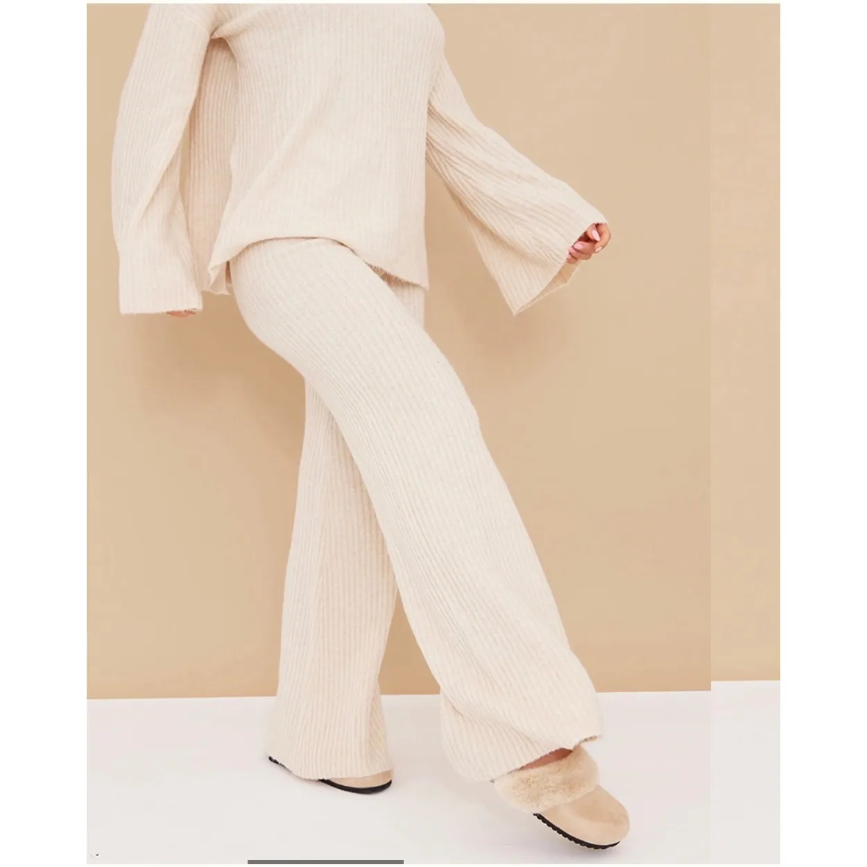 PrettyLittleThing NWT Grey Brushed Rib Knit Wide Leg Pants Size 16 Plus - Image 9