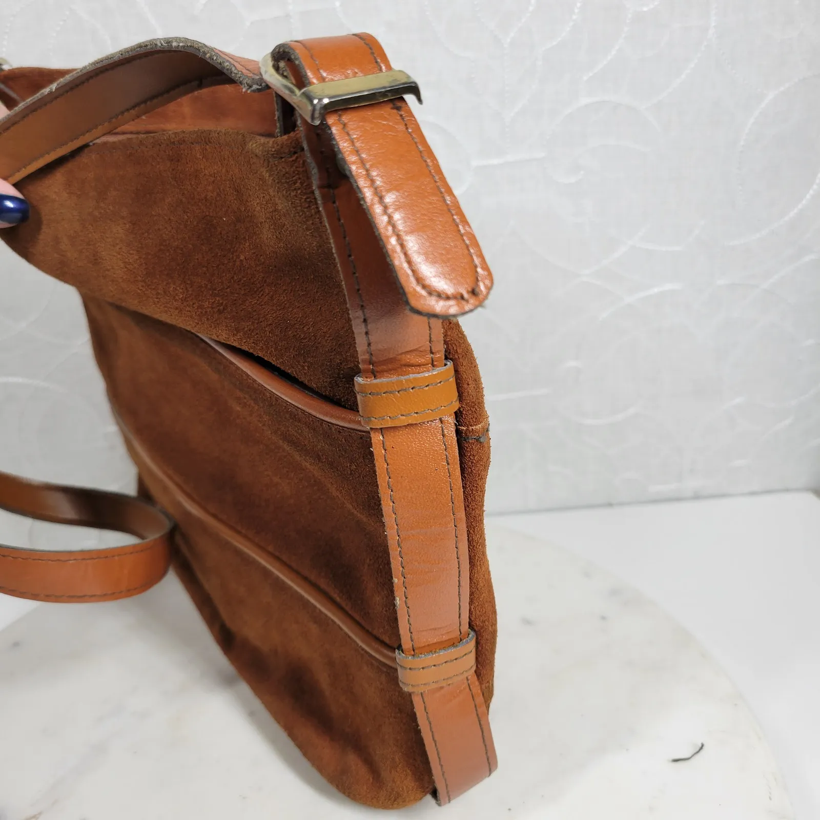 Vintage Suede Crossbody Bag Womens 11.5 x 9" Brown Leather Purse Adj‎ Strap Boho - Image 11