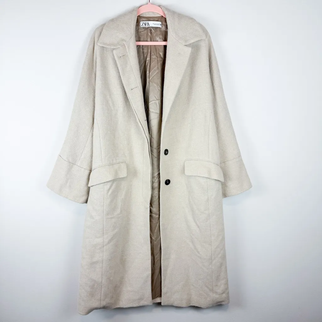 Zara Oversized Neutral Beige Wool Blend Trench Coat Duster Jacket Size Small - Image 5