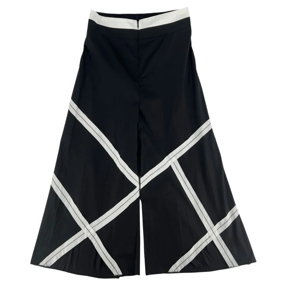 Ozai N Ku Wide Leg Pants Ribbon Appliqué Asymmetric Cutout Hem Zip Elastic Waist Black Size M - Image 2