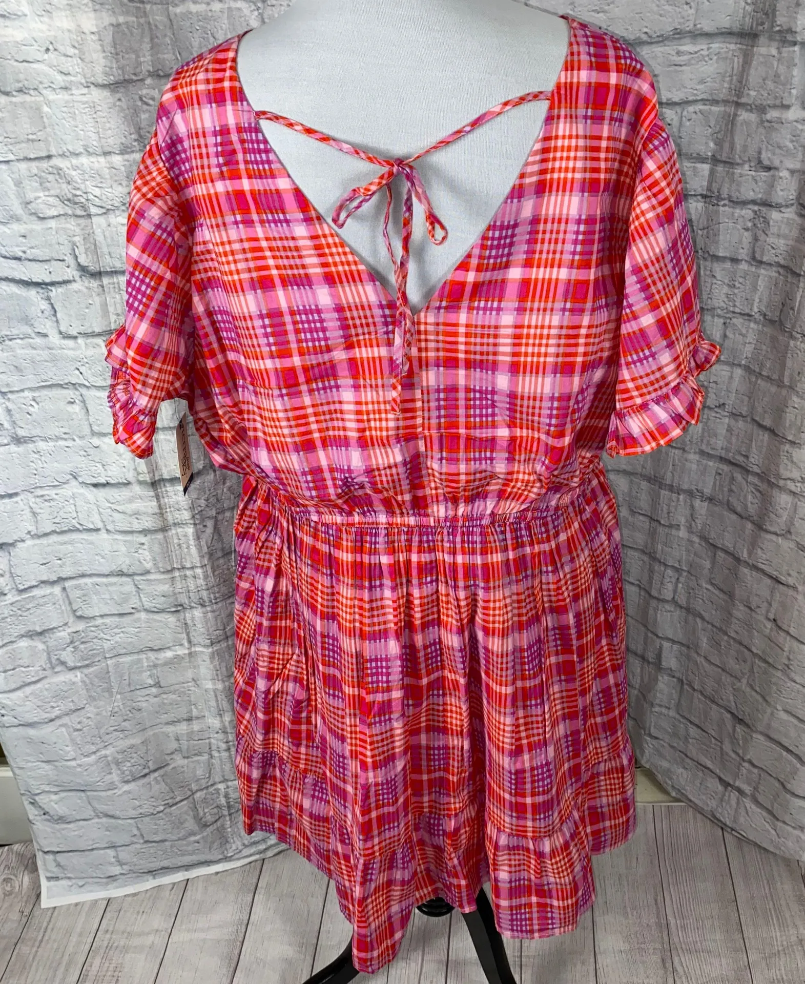 Terra & Sky women 3X 24W-26W spring plaid print short sleeve dress pink multicolor - Image 12