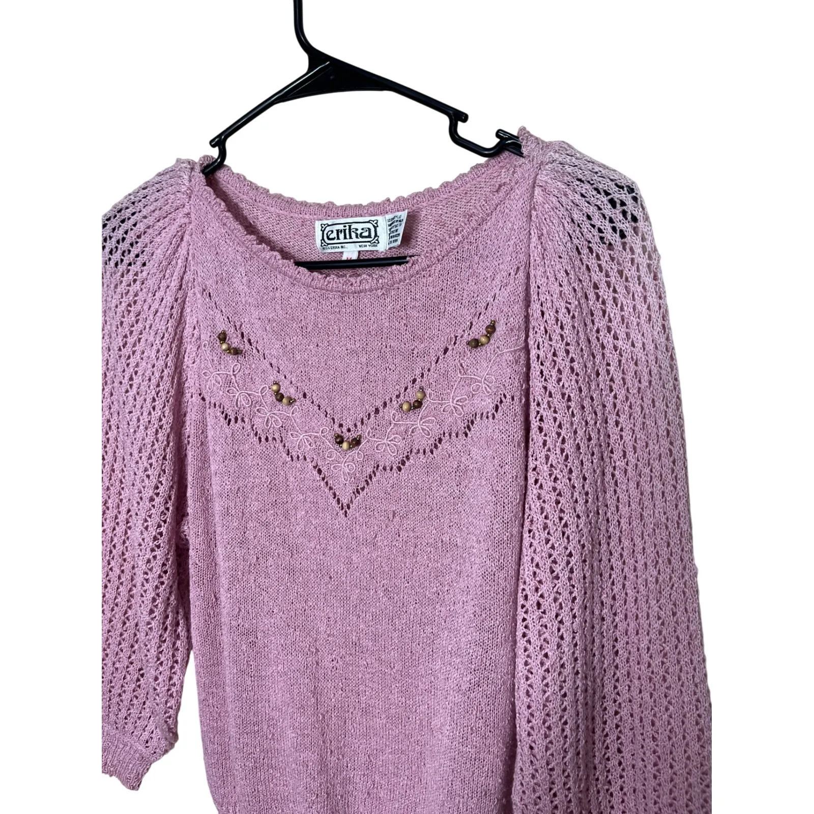 Vintage Erika Pink Textured Knit Sweater Beaded Floral Detail Puff Sleeve M - Image 2