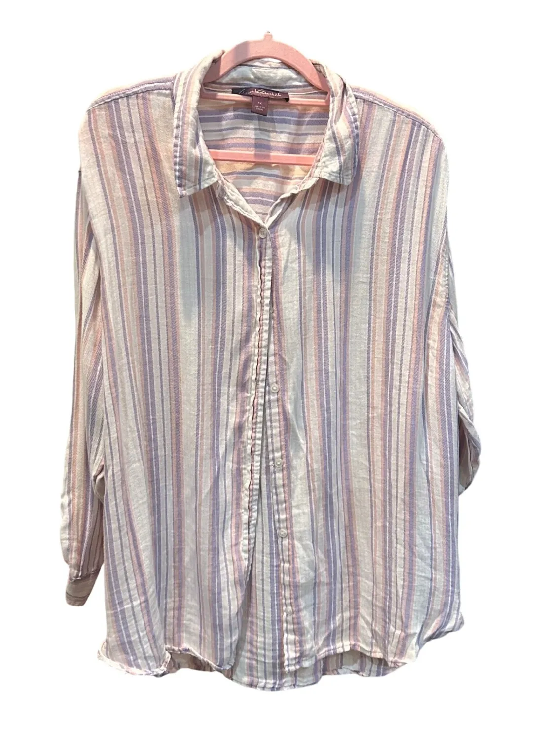 G. Vanderbilt Striped Button Down Womens 1X Lavender Pink Long Sleeve Casual - Image 1
