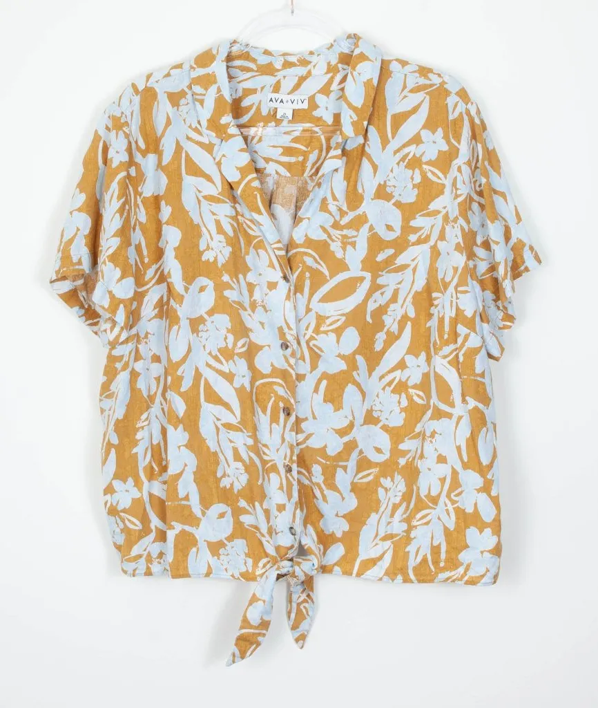 Ava & Viv Womens Floral Button Tie Linen Blend Short Sleeve Shirt Boho Size 2X - Image 1