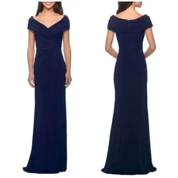 LA FEMME Short-Sleeve Ruched Jersey Gown in Navy Size US 4 - Image 2